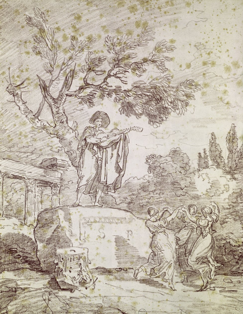 Egy olasz gitáros három táncoló lánynak játszik (piros kréta papíron) alkotó: Jean Honore Fragonard