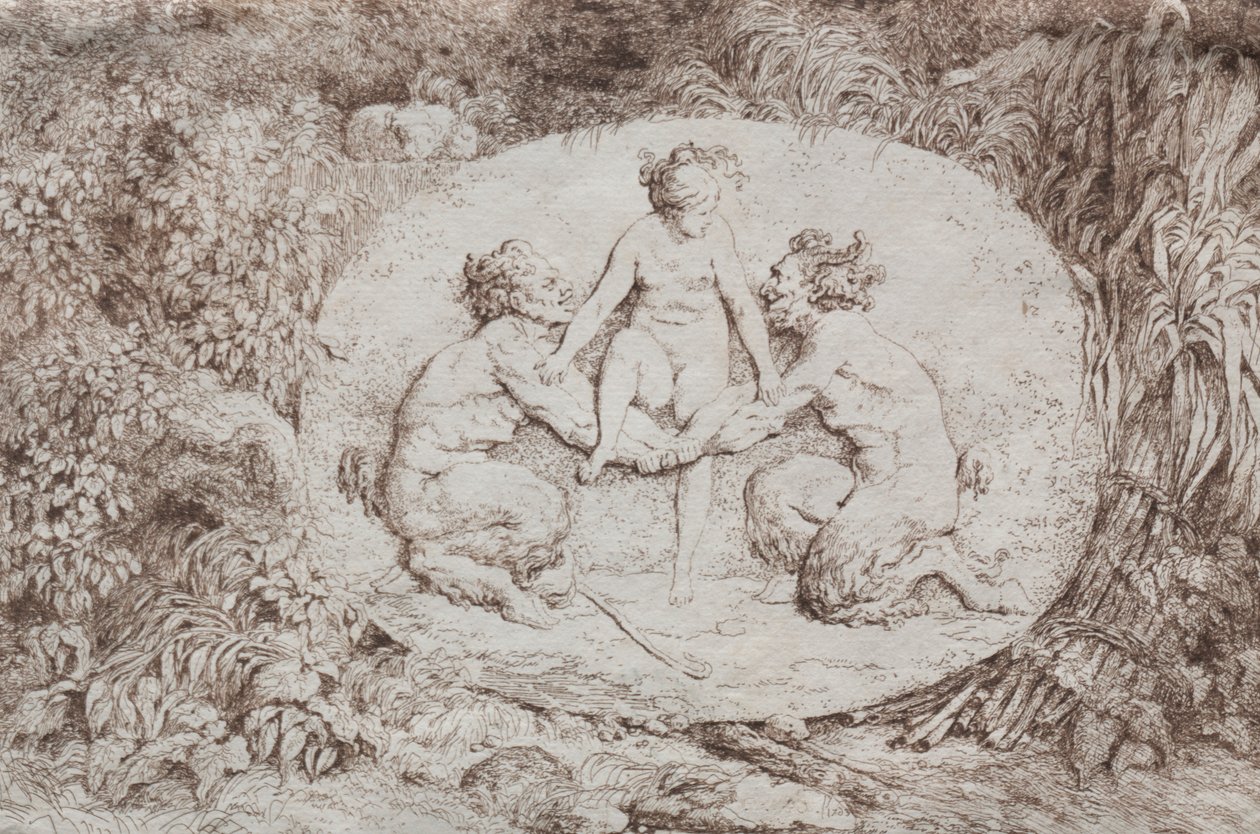 Bacchanales: Két szatír által támogatott nimfa, 1763. alkotó: Jean Honore Fragonard
