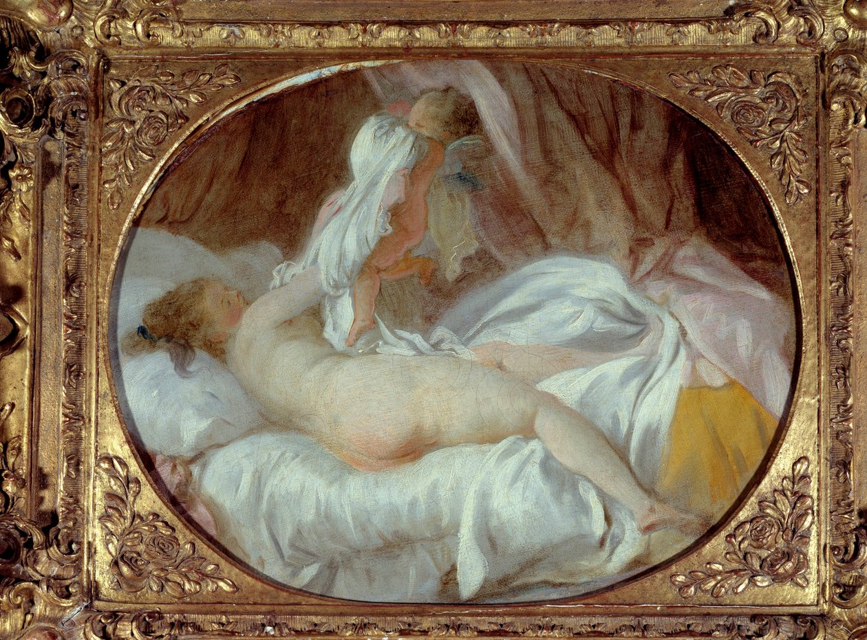 Erotika: "" Az inget eltávolították"" Egy fiatal nő levette az ingét egy Szerelem segítségével. Jean-Honore Fragonard (1732-1806) festménye 1778 előtt V. 0,35x0,42 m. alkotó: Jean Honore Fragonard