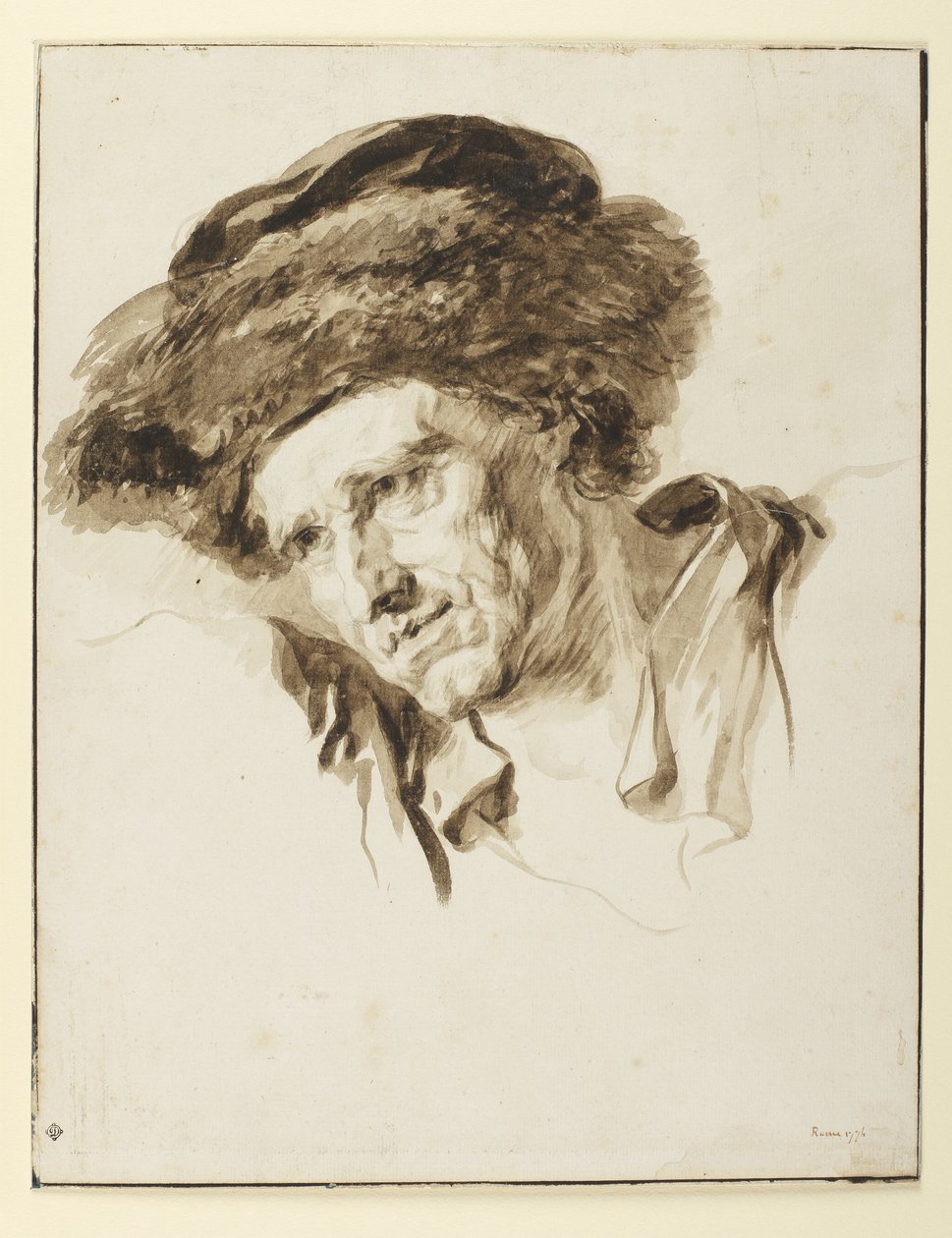 Prémes sapkát viselő férfi feje, 1774 (toll és tinta, mosás és grafit papíron) alkotó: Jean Honore Fragonard