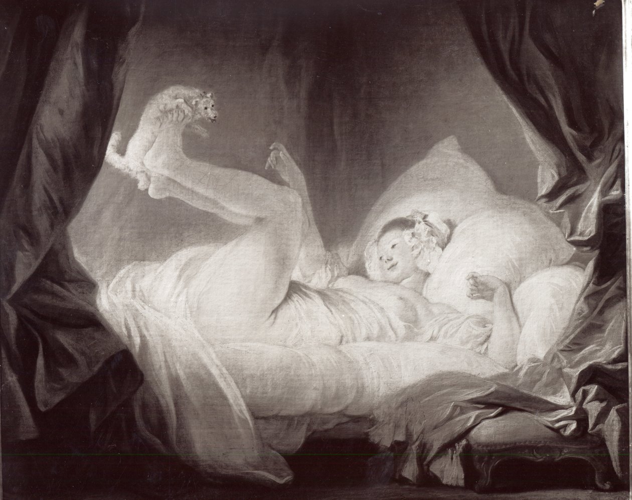 La Gimblette vagy Fiatal lány, aki a kutyáját táncolja az ágyán (olaj, vászon) (f/w fotó) alkotó: Jean Honore Fragonard