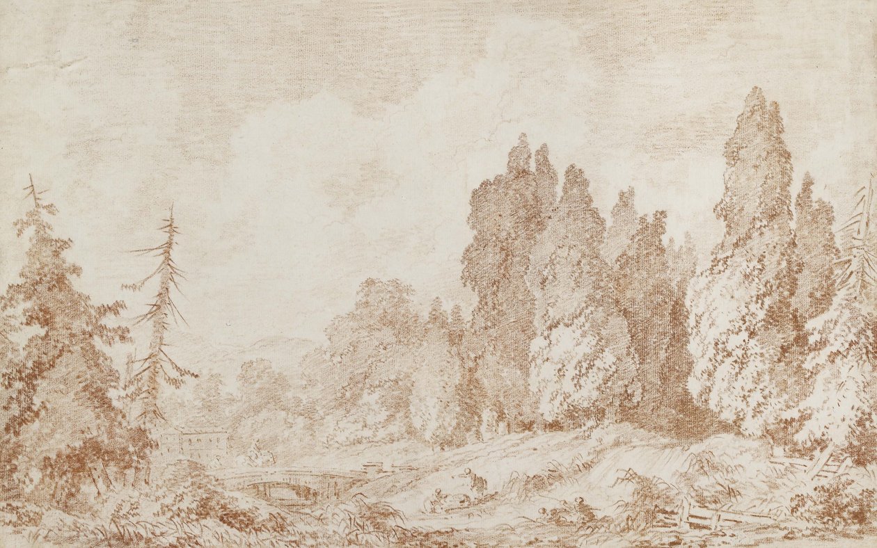 Tájkép híddal, 1760 körül (vörös kréta, törtfehér papír) alkotó: Jean Honore Fragonard