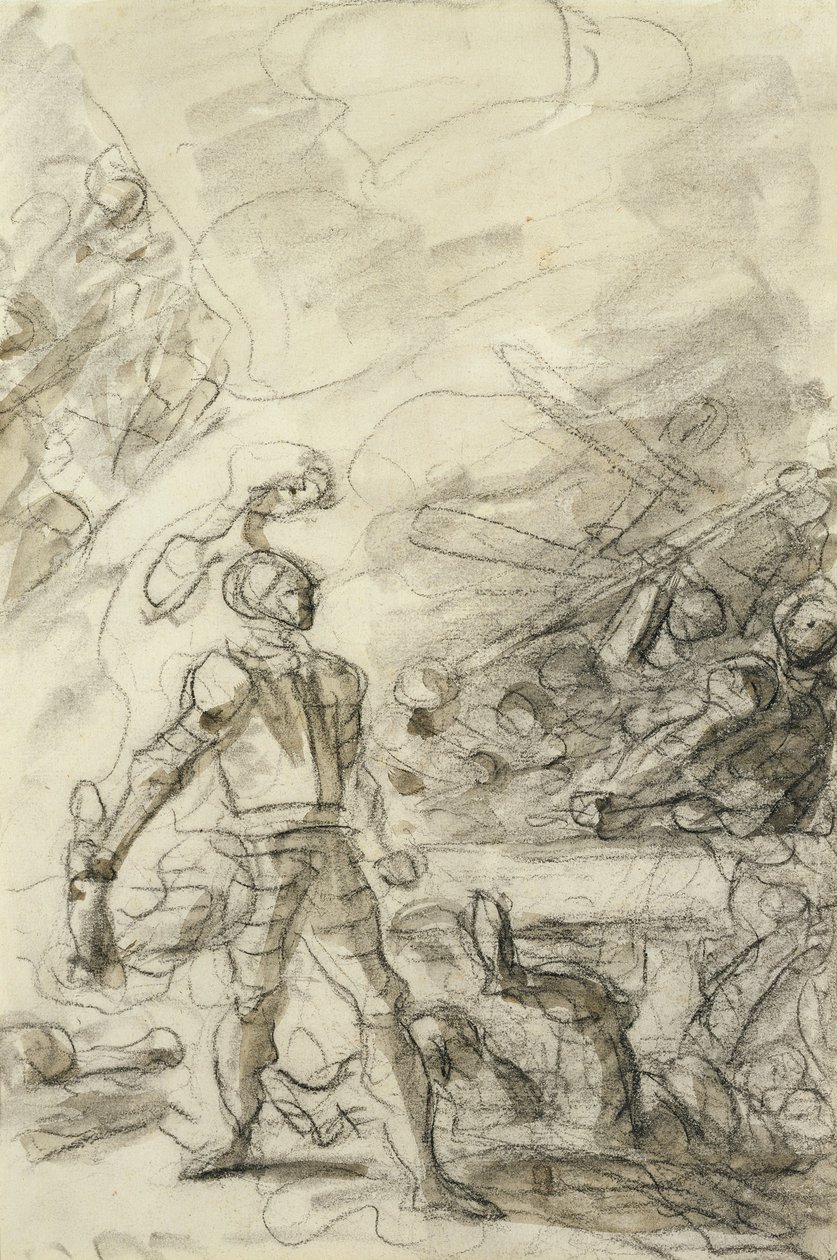Orlando egy tűzjelzővel (toll és tinta, kréta és papírra mosás) leigázza a brigandot. alkotó: Jean Honore Fragonard