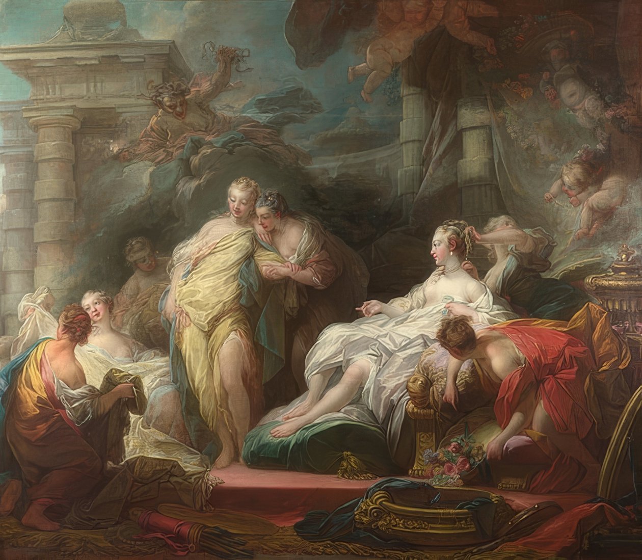Psyche ajándékokat mutat Ámortól a nővéreinek. 1753 alkotó: Jean Honore Fragonard