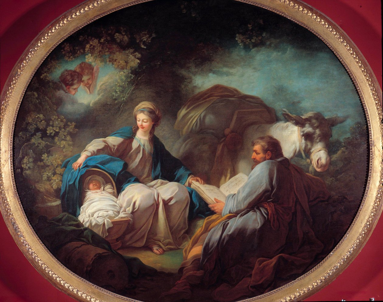 Pihenés az egyiptomi repülés alatt A szent család pihen az utazás során. Jean Honore Fragonard (1732-1806) festménye 18. századi magángyűjtemény alkotó: Jean Honore Fragonard
