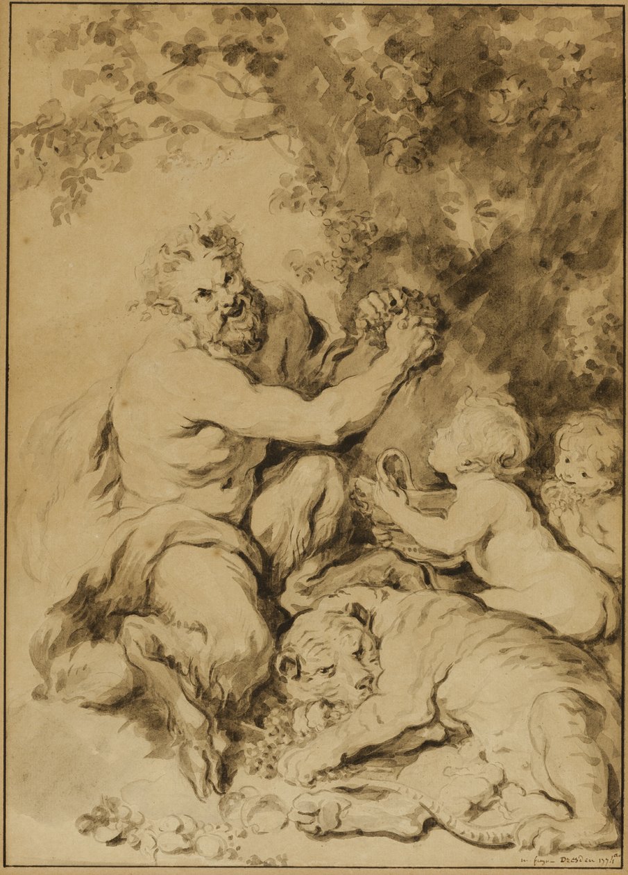 Szatír szőlőt présel egy tigris mellett alkotó: Jean Honore Fragonard