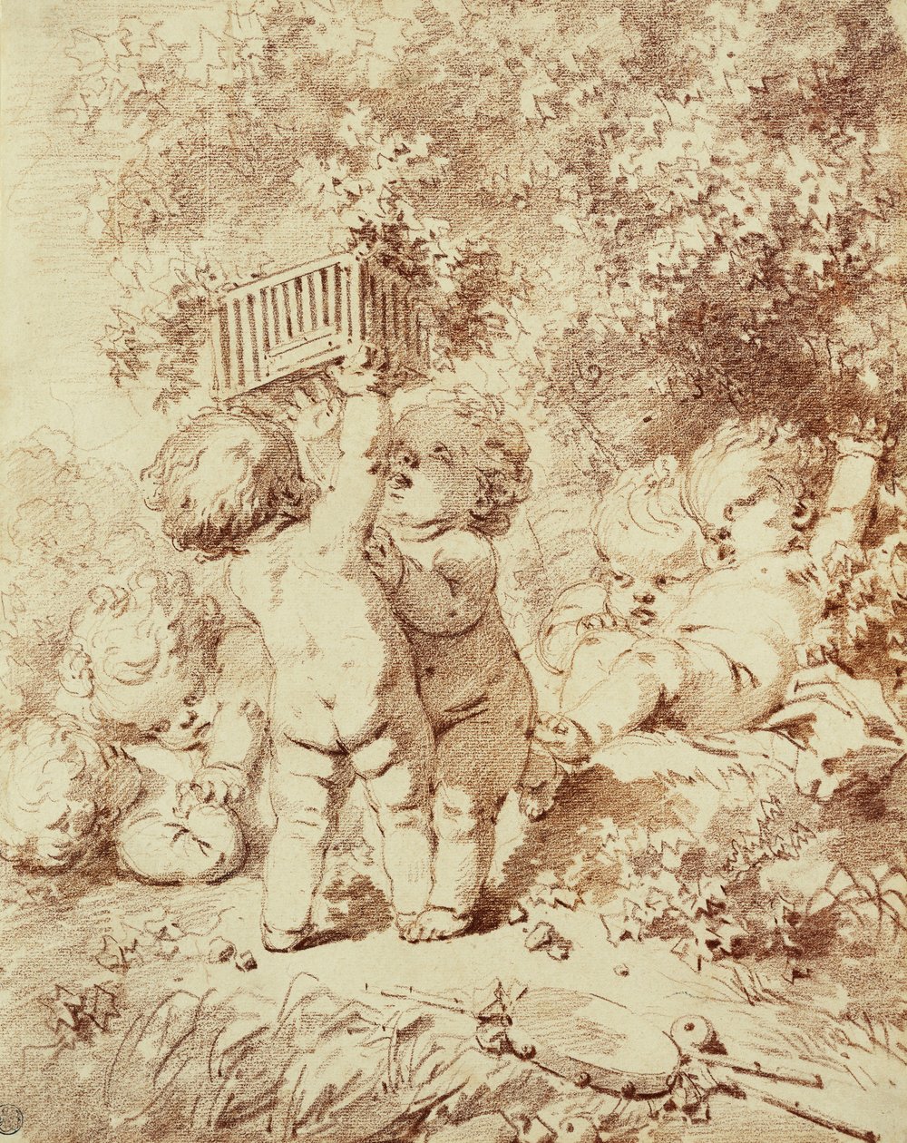 Hat putti játszik, ketten egy ketrecben tartanak, alkotó: Jean Honore Fragonard