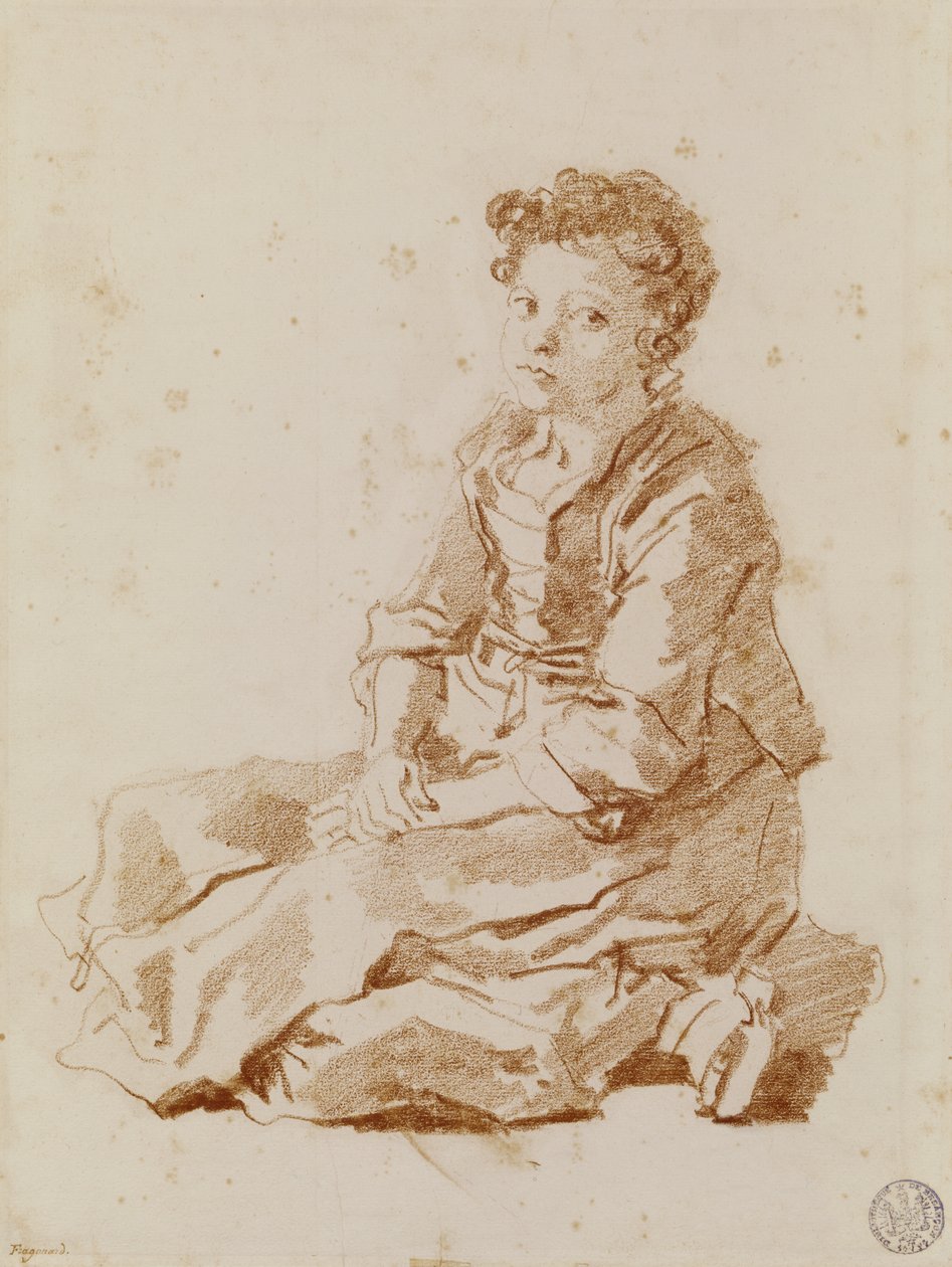 Kis lány ül a földön (piros kréta papíron) alkotó: Jean Honore Fragonard