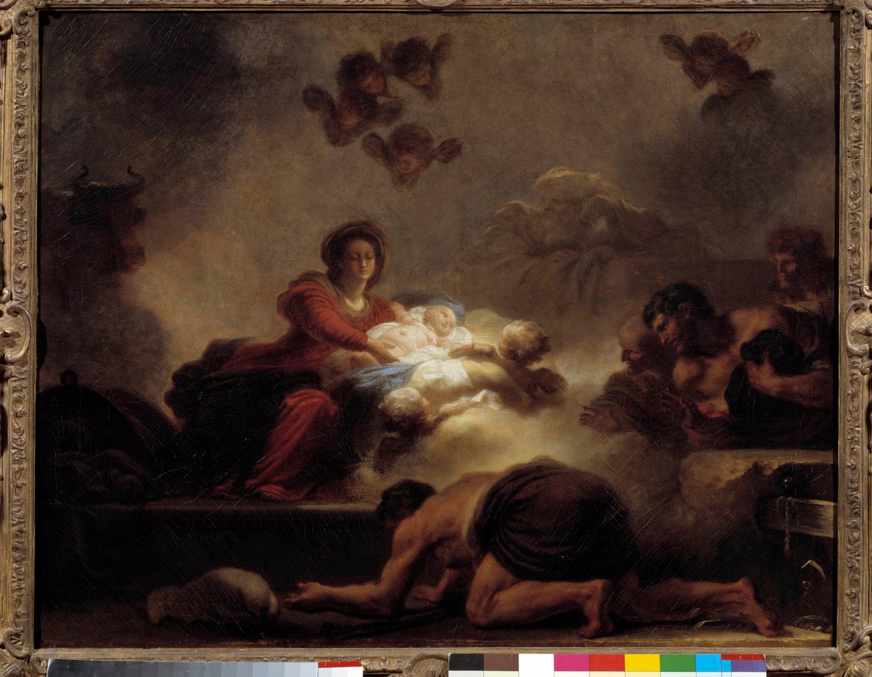 Jean-Honore Fragonard (1732-1806) A pásztorok imádása című festménye. 18. század. Homályos. 0,73x0,93 m. alkotó: Jean Honore Fragonard