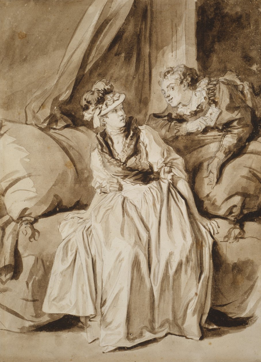 A levél, avagy a spanyol beszélgetés c. 1778 (ecset és barna tinta barna mosással és grafittal, elefántcsont fektetett papíron) alkotó: Jean Honore Fragonard
