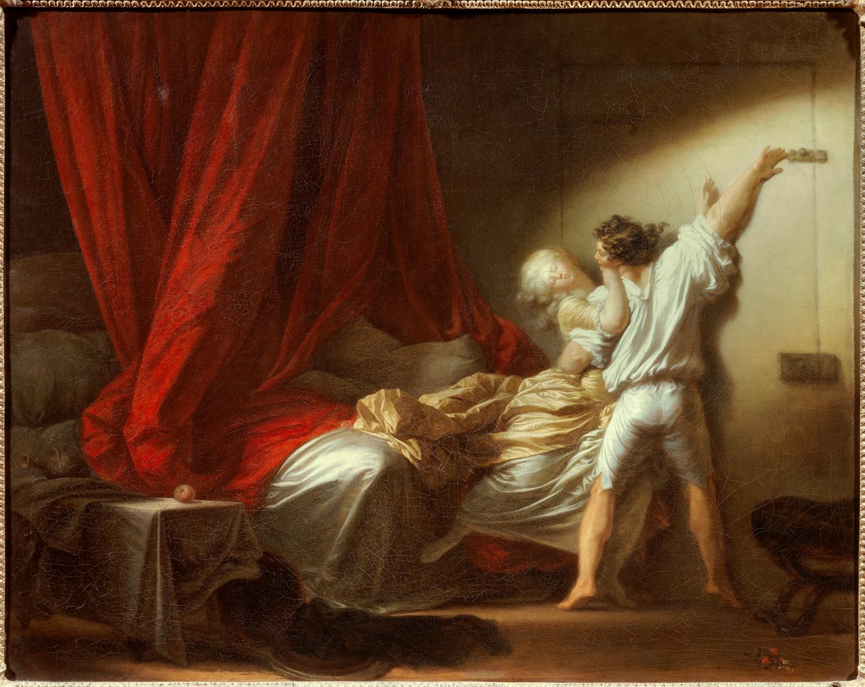A Romantikus jelenet zár, amely egy fiatal férfit ábrázol, aki megakadályozza, hogy szeretője elhagyja a hálószobát az ágyban. Jean-Honore Fragonard (1732-1806) festménye XVIII. Homályos. 0,73x0,93 m. alkotó: Jean Honore Fragonard
