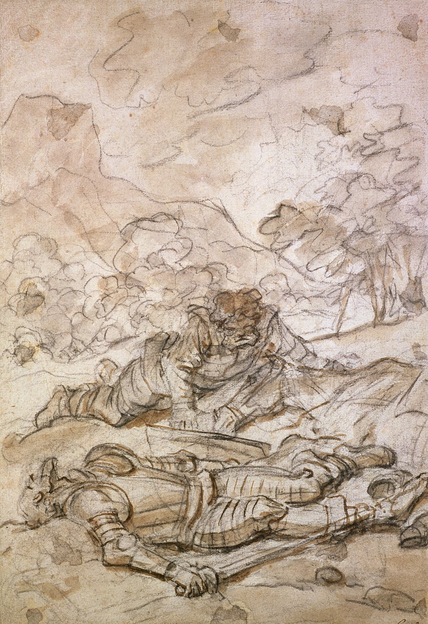 Don Quijote és Sancho Panza szomorú helyzete, a gályarabok által rosszul bánt, 18. század alkotó: Jean Honore Fragonard