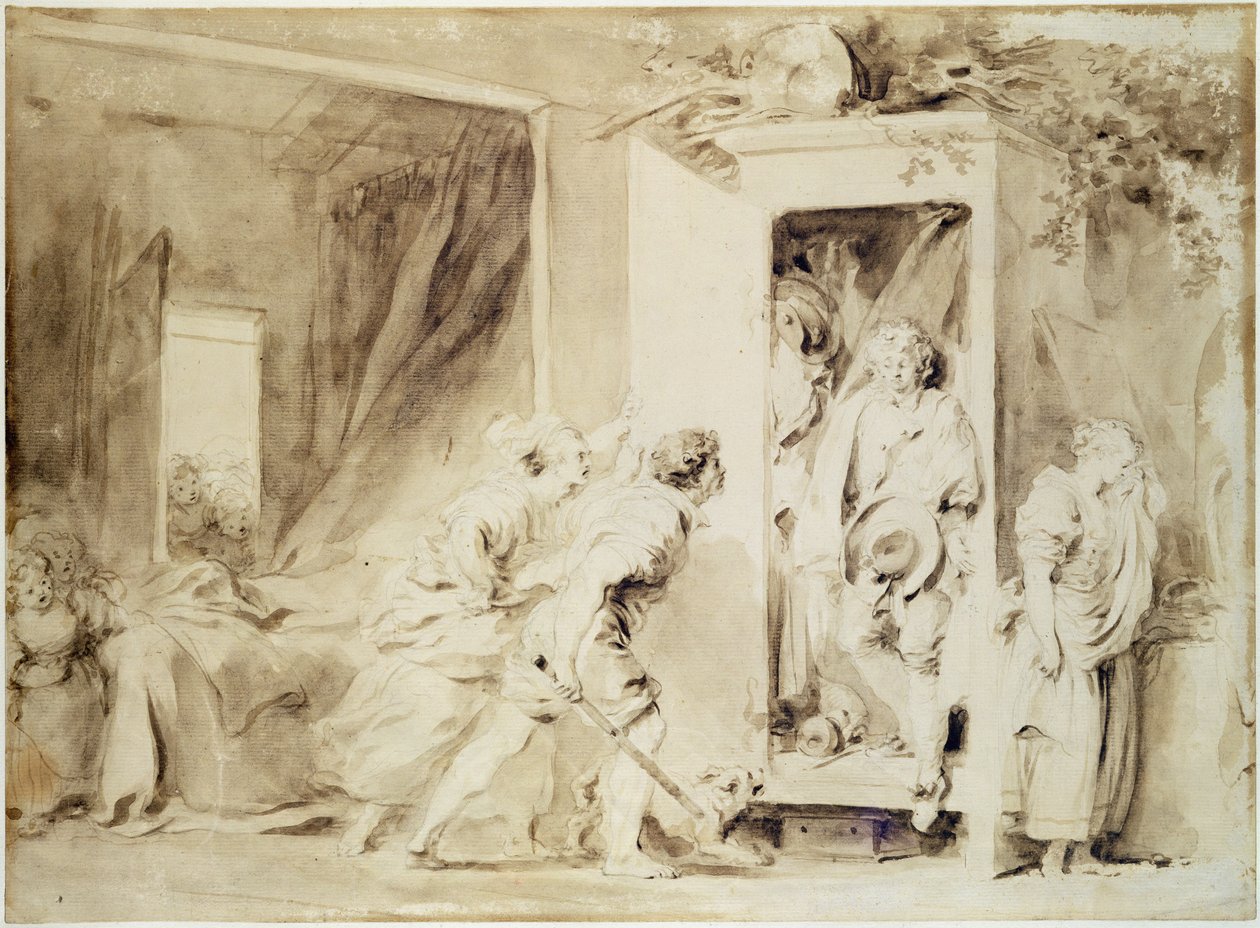 A meglepett szerető, 1755 (barna ceruza krétával, előzetes rajz) alkotó: Jean Honore Fragonard