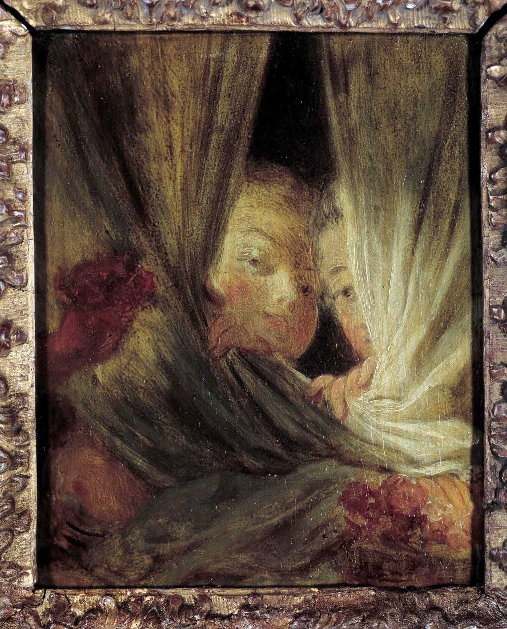 A kíváncsi Két kislány kémkedik a függöny mögött. Jean-Honore Fragonard (1732-1806) festménye 18. század V. 0,16x0,12 m. alkotó: Jean Honore Fragonard