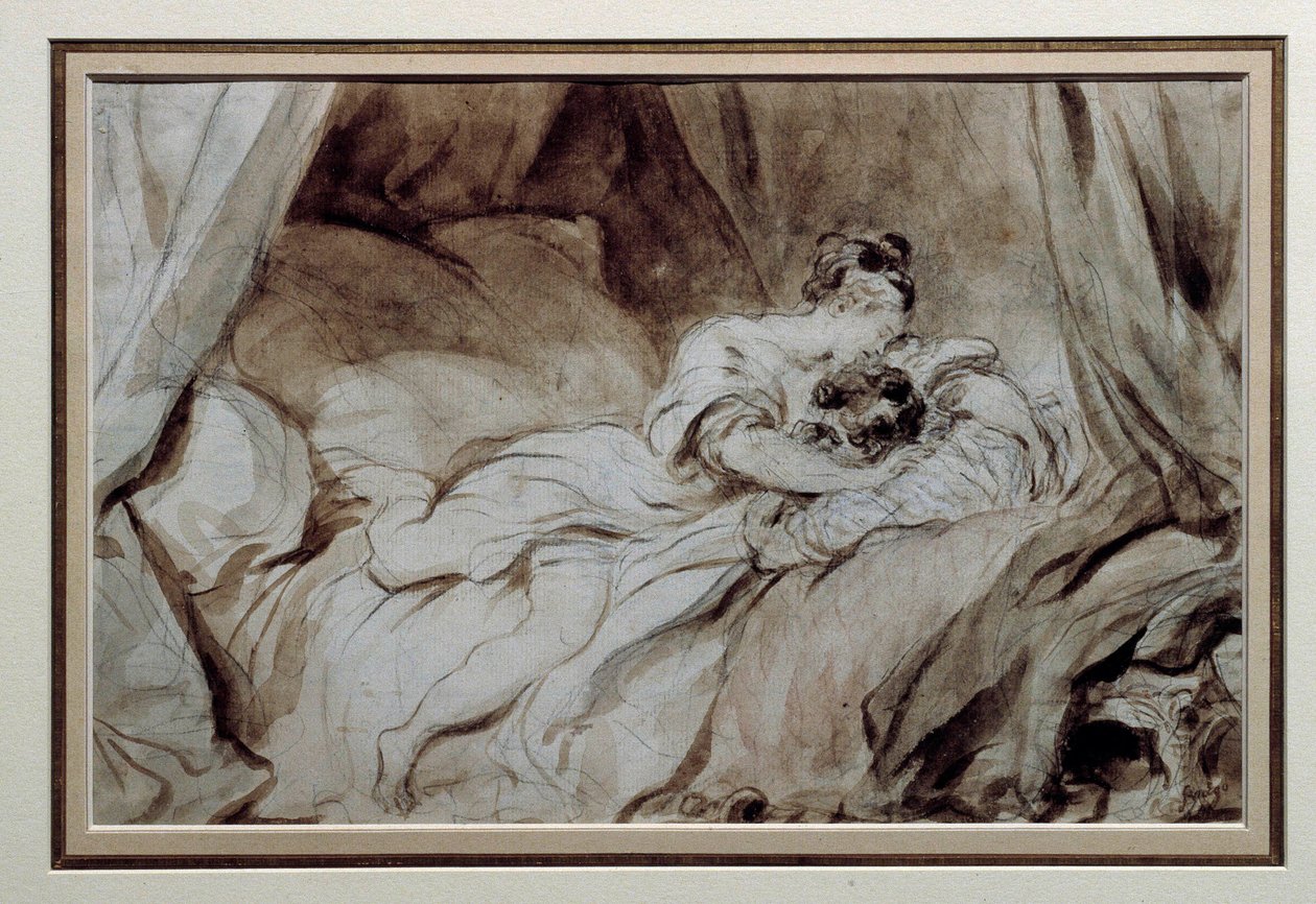 A boldog pillanat Egy pár simogatja egymást az ágyban. Jean Honore Fragonard (1732-1806) rajza a Bistre Wash-ben, 18. századi magángyűjtemény alkotó: Jean Honore Fragonard