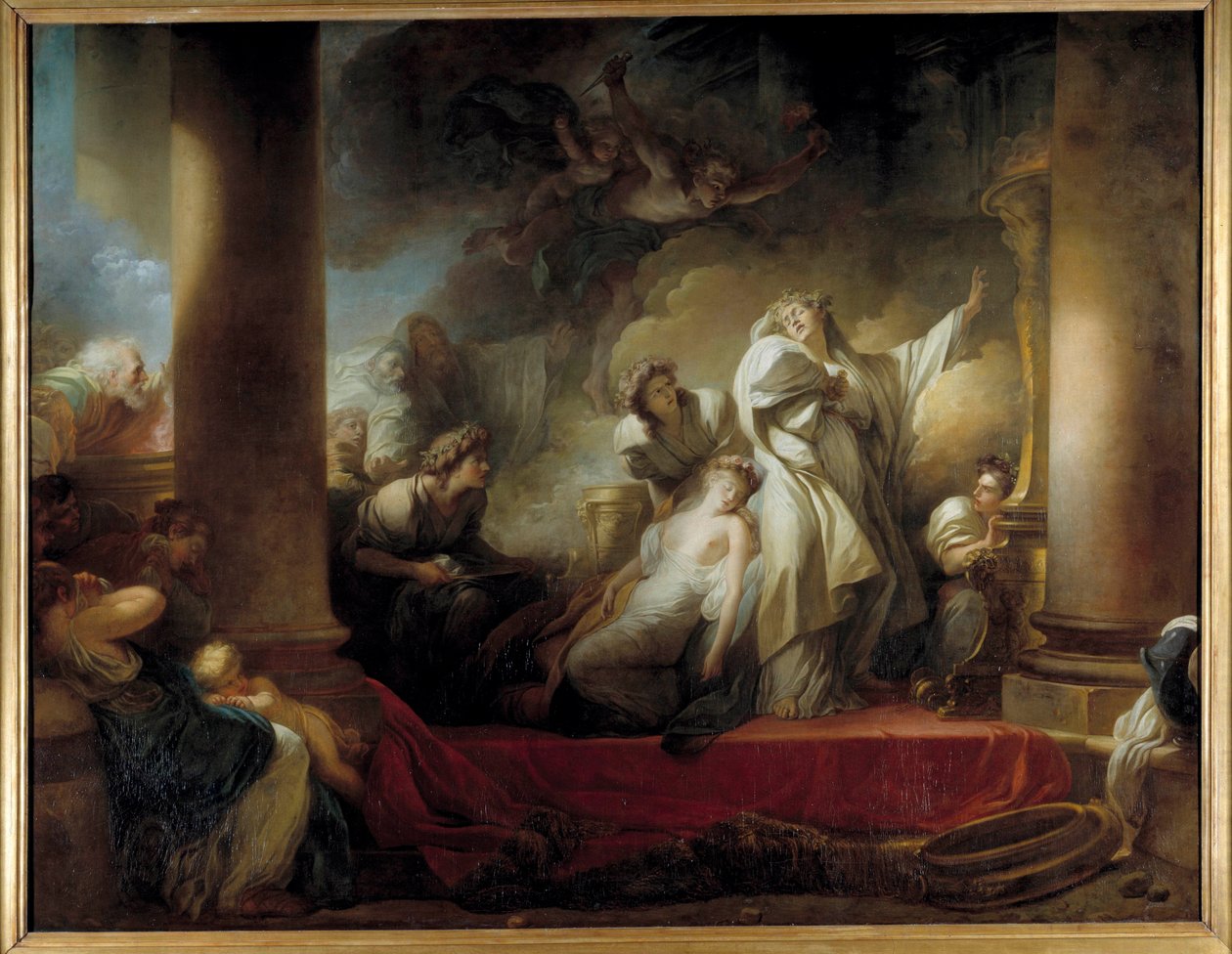 Coresus főpap feláldozta magát, hogy megmentse Callirhoe-t Coresus, Bacchus a Calydon isten főpapja, aki szerelmes a fiatal Callirhoe-ba, megbánta őt, és bosszút kért Bacchus istentől. Varázslatot varázsolt a városra, amely csak képes alkotó: Jean-Honore Fragonard