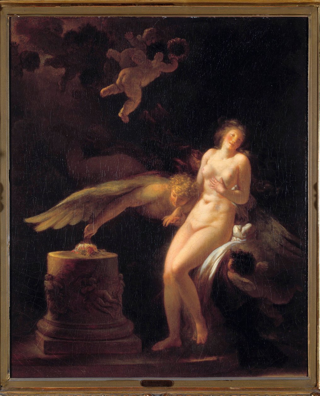 A rózsa feláldozása Egy meztelen fiatal nő egy áldozati oltár előtt, amelyre egy rózsát (szűziesét?) és egy lényt fektettek. Jean Honore Fragonard (1732-1806) festménye. 18. századi Magángyűjtemény alkotó: Jean Honore Fragonard