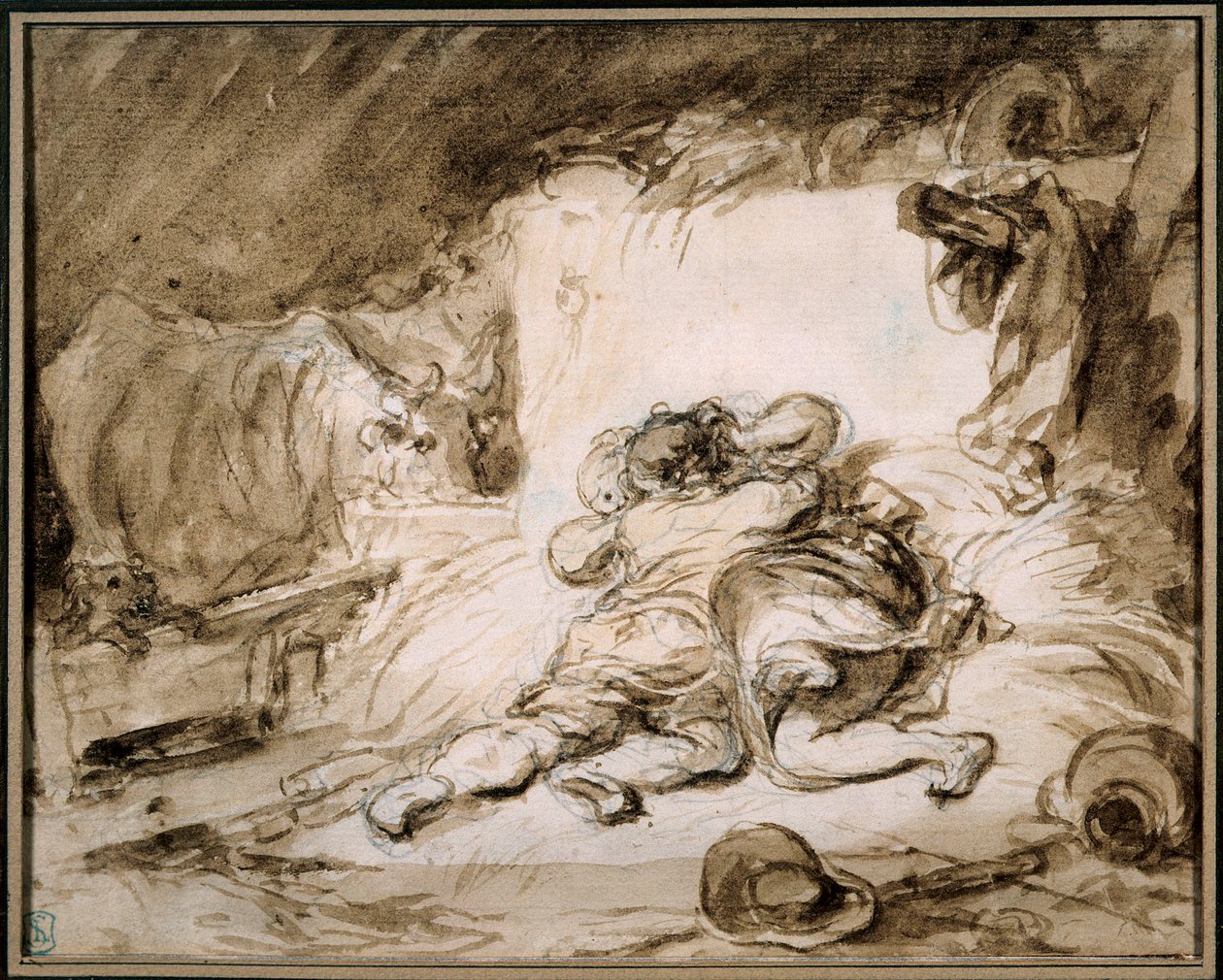 Az istálló Egy pár ölelkezik egy szénakazalban. Jean Honore Fragonard (1732-1806) Paris rajza a mosásban. Musee Cognacq Jay alkotó: Jean Honore Fragonard