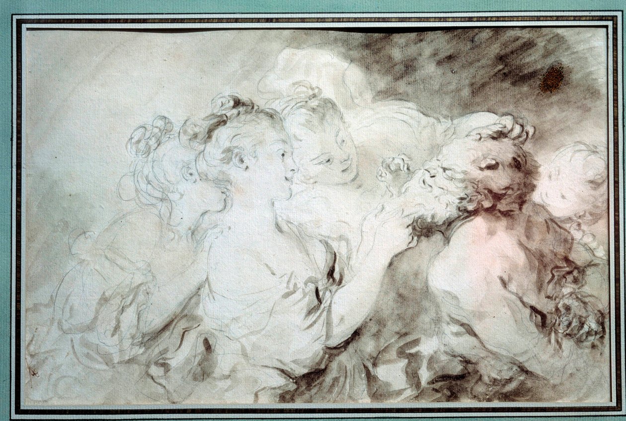 Fiatal lányok birkózó szatírával Fiatal nők szórakoznak szatíra szakállal. Jean Honore Fragonard (1732-1806) rajza a Bistre Wash-ben, 18. századi magángyűjtemény alkotó: Jean Honore Fragonard