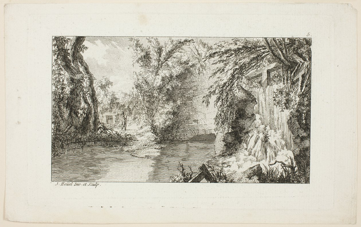 Tájkép sétálóval és vízeséssel, 5. tábla a Livre de paysages (Tájképek könyve) második sorozatából. alkotó: Jean Hoüel