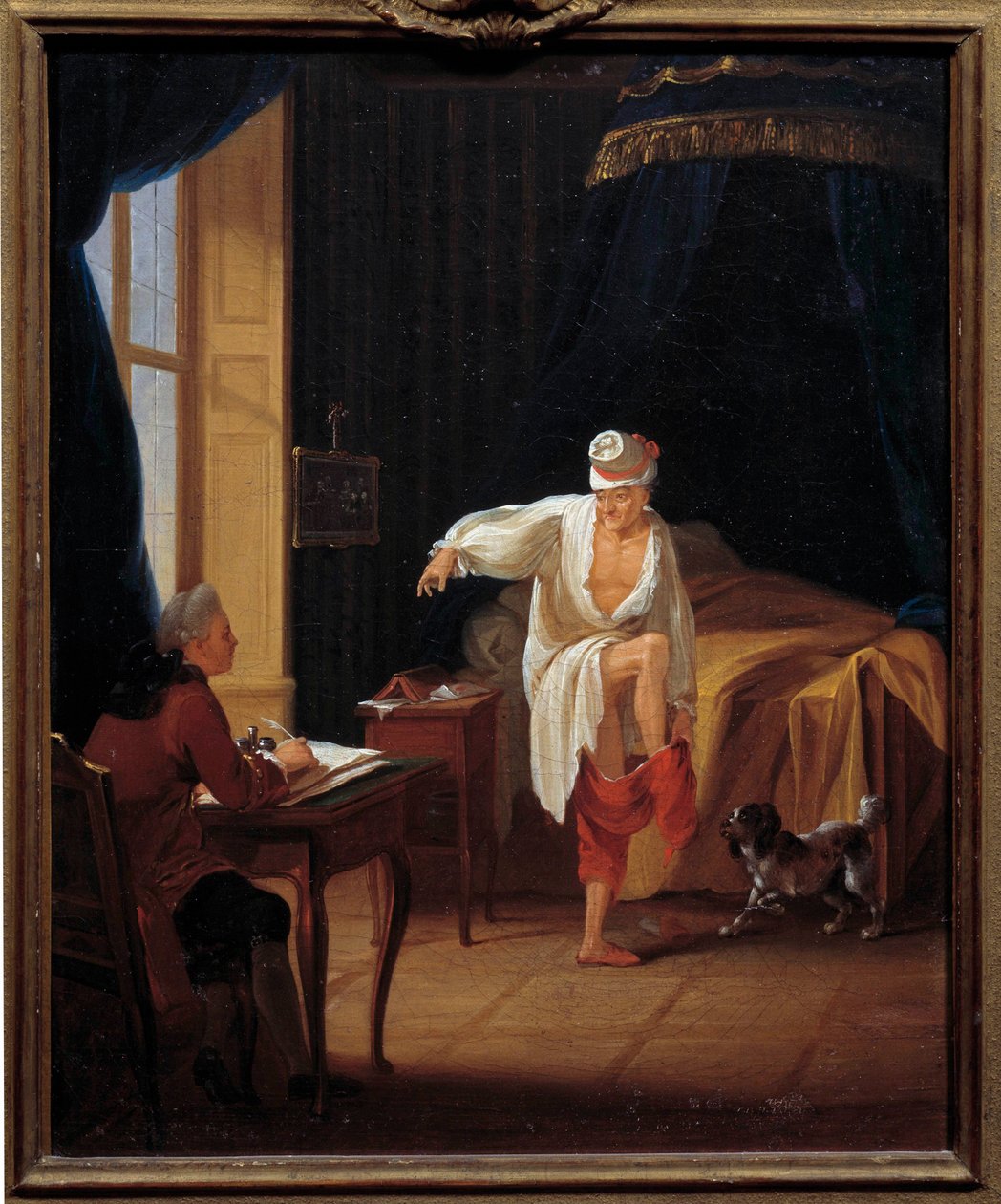 Voltaire (1694-1778) író és filozófus felemelkedése titkárának, Collininak diktálta Jean Huber (1721-1786) Ferney-festményét, a 18. századi Sun. 0,37 x 0,31 m Paris Musee Carnavalet alkotó: Jean Huber