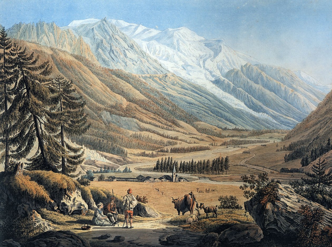 A Chamonix-völgy látképe Argentiere falu felől, Jean Daniel Huber által 1785 körüli utazás során (metszet) alkotó: Jean Huber