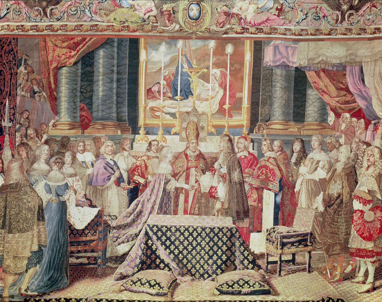 A király házassága (XIV. Lajos), Lebrun rajzfilmjének „A király története” című művéből, Gobelins gobelinszőnyeg, magas láncfonalakú szövőszéken (gyapjú, selyem és arany) szőve alkotó: Jean II Jans