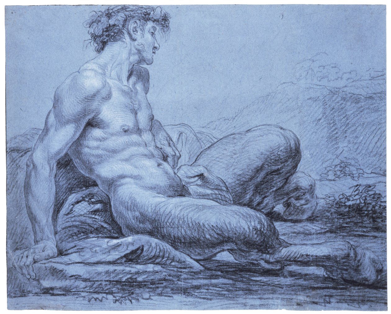 Ülő faun, 1755–1757 körül (fekete-fehér kréta kék fektetett papíron) alkotó: Jean II Restout