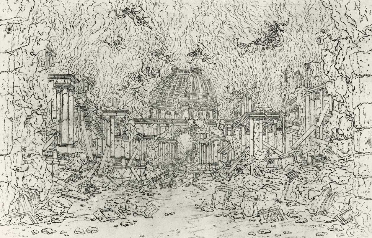 Az épület lerombolása, Jean Berain (1640-1711) vázlata Armide számára, Jean-Baptiste Lully (1632-1687), Franciaország alkotó: Jean I  Berain