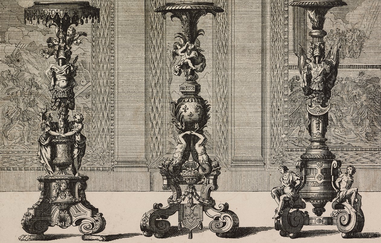 Nagy bronz gyertyatartók, Jean Berain (1640-1711) metszete a L