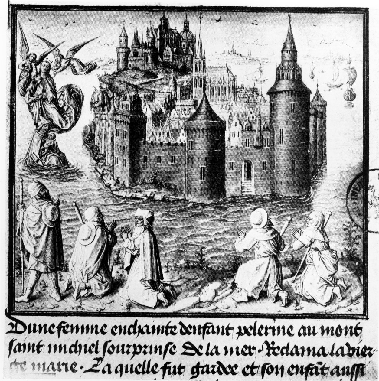 A Mont Saint-Michel felé zarándokló terhes nőt elkapja az ár, de Szűz Mária közbenjárásával csodálatos módon megmenekül alkotó: Jean I Le Tavernier