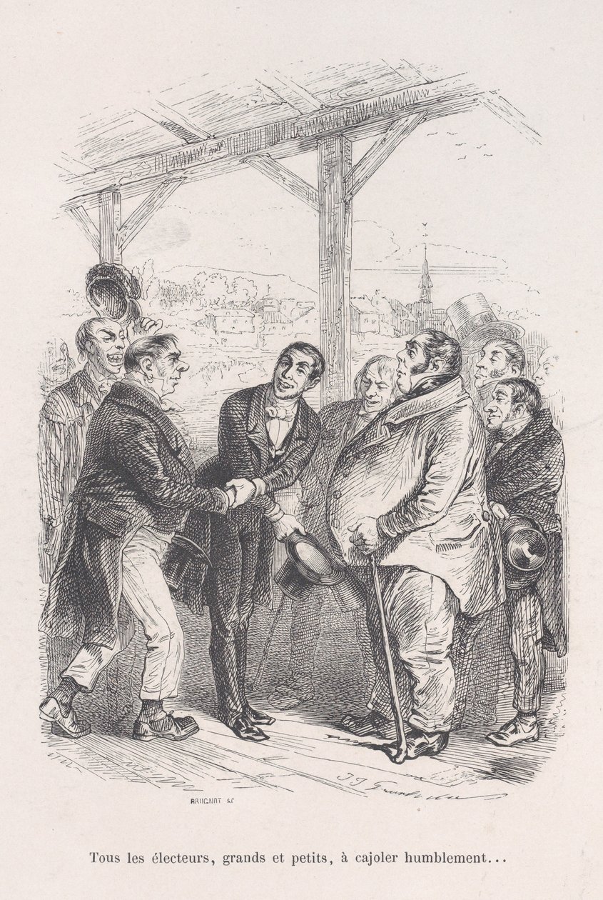Minden szavazó, kicsik és nagyok, összegyűlnek, hogy alázatosan rábeszéljék egymást... az 1843-as... kis nyomorúságaiból. alkotó: Jean Ignace Isidore Gérard