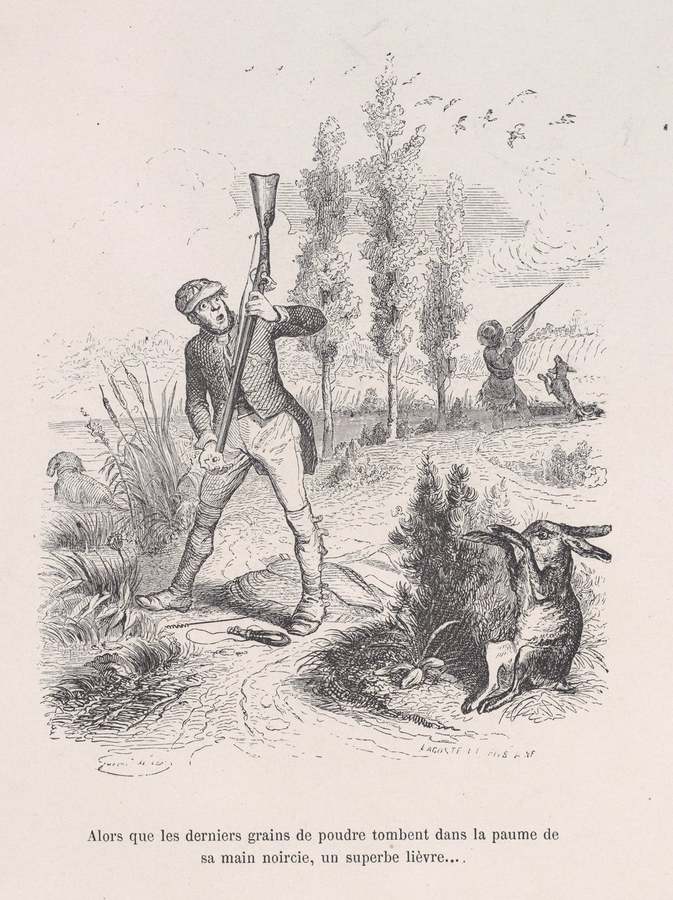 Ahogy az utolsó porszemek is belehullanak megfeketedett tenyerébe, egy remek nyúl... fr..., 1843. alkotó: Jean Ignace Isidore Gérard