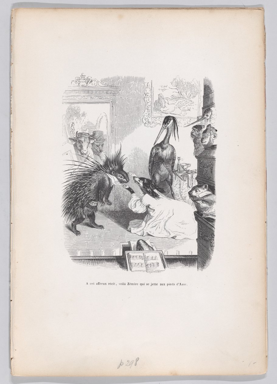 Erre a félelmetes történetre Zemire Azor lába elé veti magát a Jelenetek a ..., kb. 1837-47. alkotó: Jean Ignace Isidore Gérard