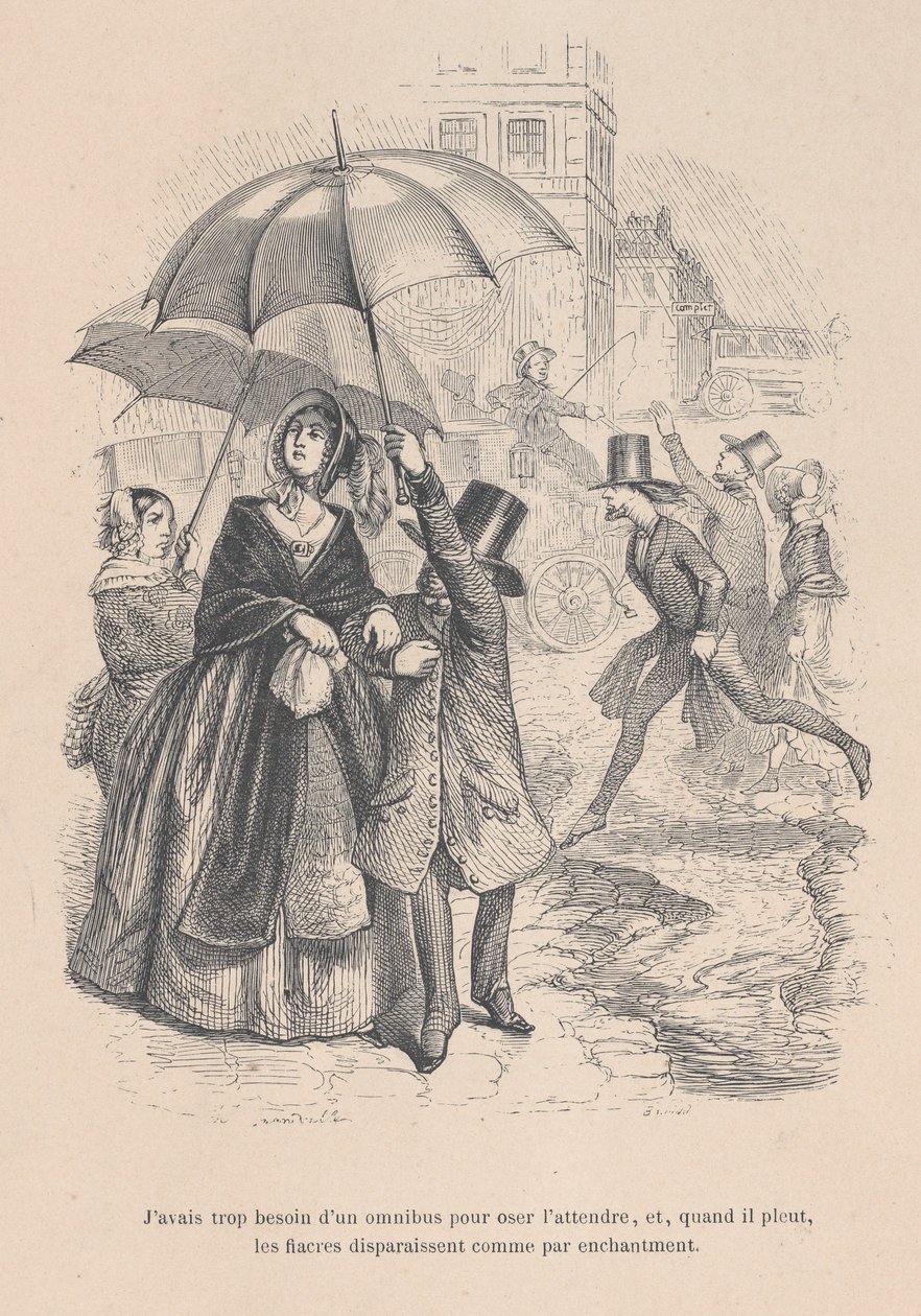 Túlságosan is szükségem volt egy omnibuszra, de amint elered az eső, úgy tűnik, hogy d..., 1843. alkotó: Jean Ignace Isidore Gérard