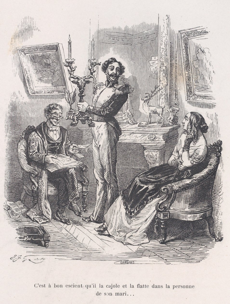 Még jó, hogy rábeszéli és hízeleg a férje előtt. a Kis Miseri...-ből, 1843. alkotó: Jean Ignace Isidore Gérard