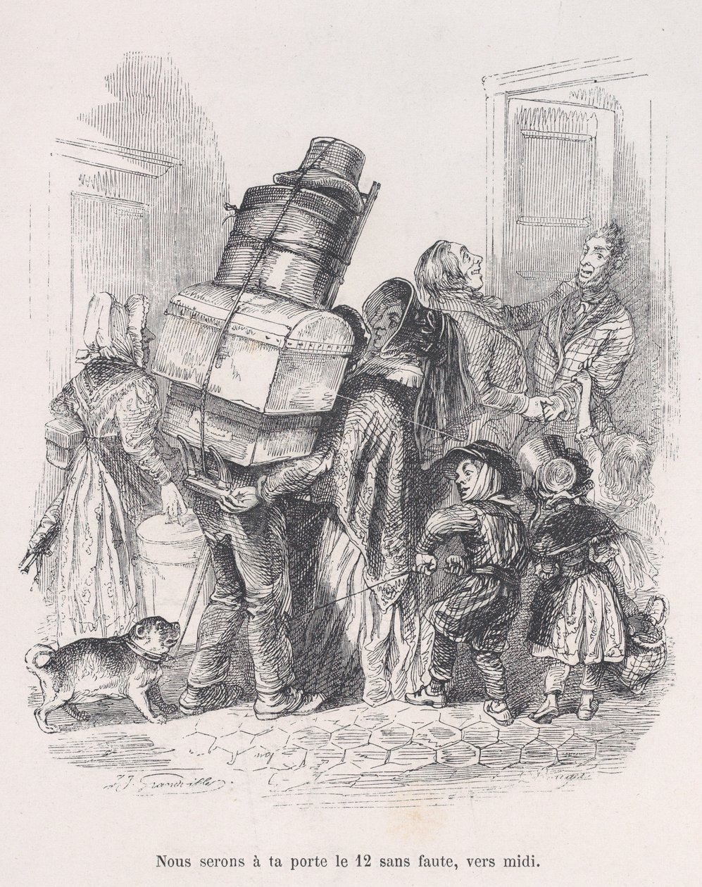 Délben biztosan az ajtódnál leszünk. Az emberi élet kis nyomorúságaiból, 1843. alkotó: Jean Ignace Isidore Gérard