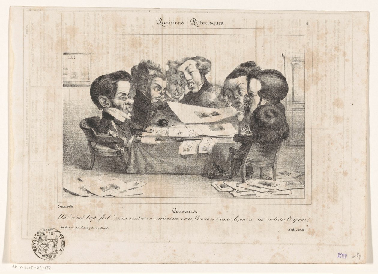 A francia cenzorok karikatúrája Cenzorok (cím a tárgyon) Parisiens Picturesques (sorozat címe a tárgyon) alkotó: Jean Ignace Isidore Gérard Grandville