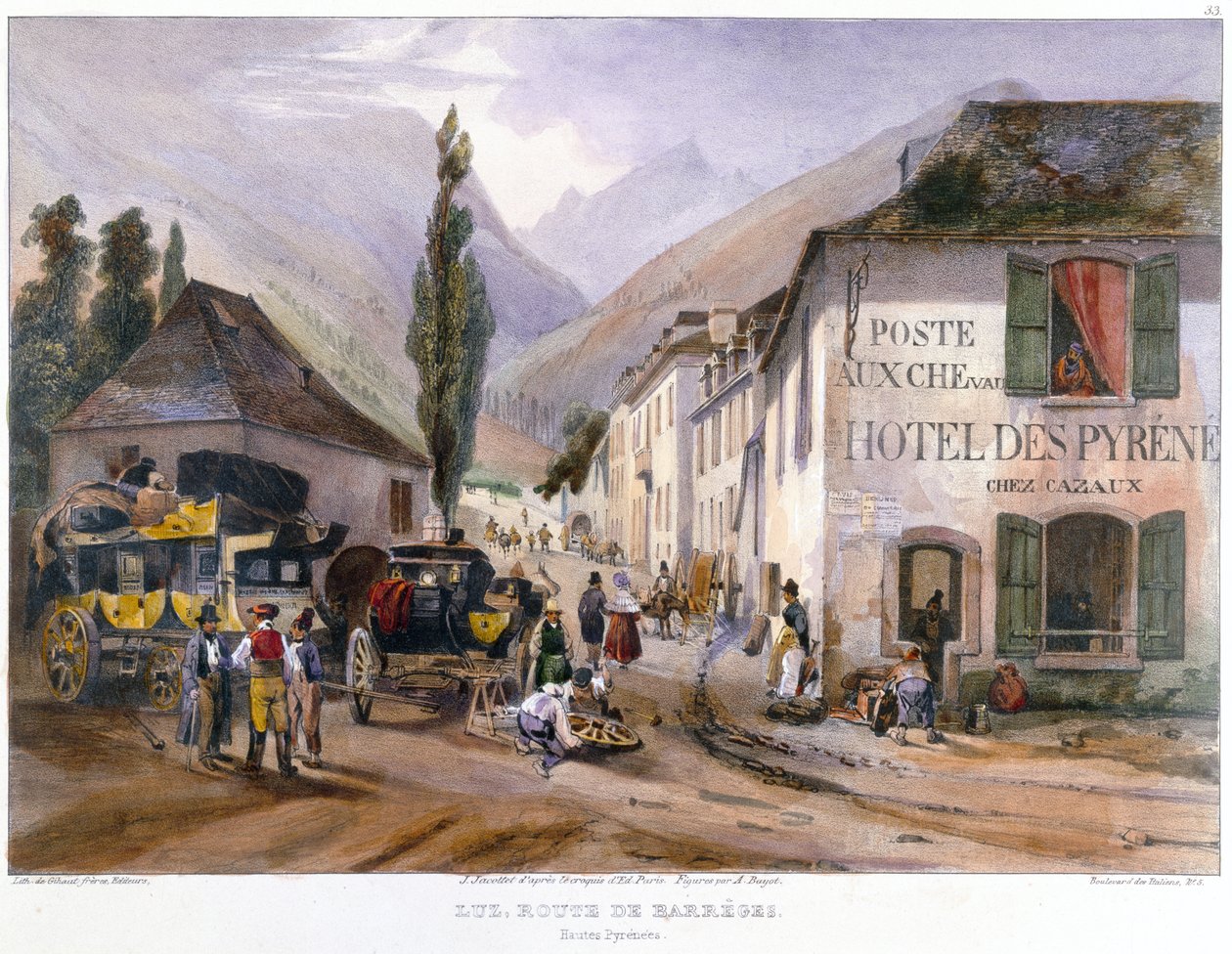 Stagecoach érkezése és javítása Luzba a Barreges felé vezető úton, 1840 körül alkotó: Jean Jacottet
