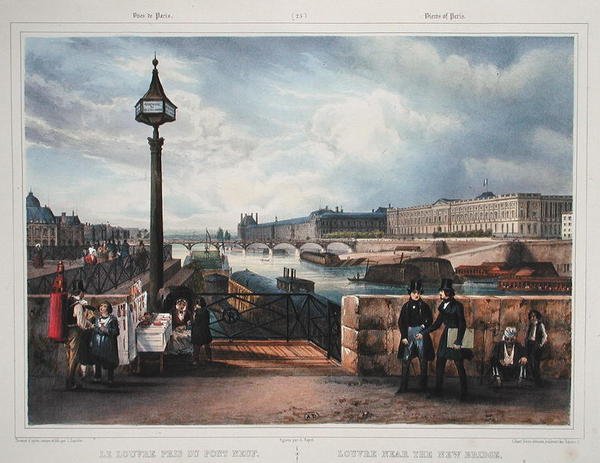 A Louvre az Új híd közelében, a Promenades dans Paris et ses Environsból, 1840 körül (színes metszet) alkotó: Jean Jacottet
