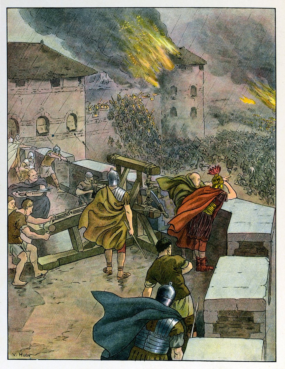 Elzász története mesél a gyerekeknek ; A római uralom vége, a rómaiak megvédik a városokat a frank hódítók ellen; alkotó: Jean Jacques (1873 1951) Waltz