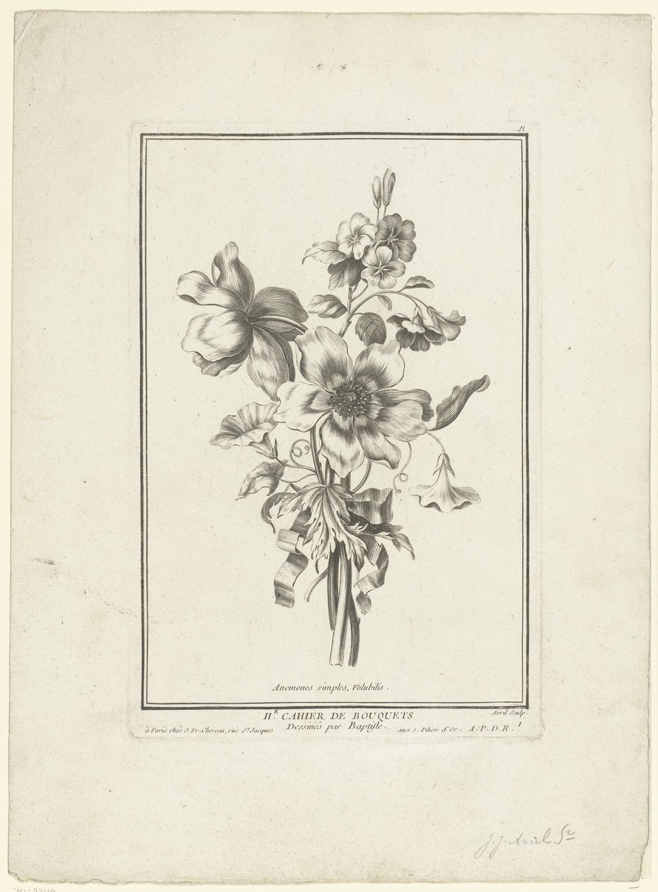 Csokor kökörcsin és rózsafű Anemones simples, Volubilis (cím a tárgyon) IIe Cahier de Bouquets (sorozat címe) alkotó: Jean Jacques Avril (I)