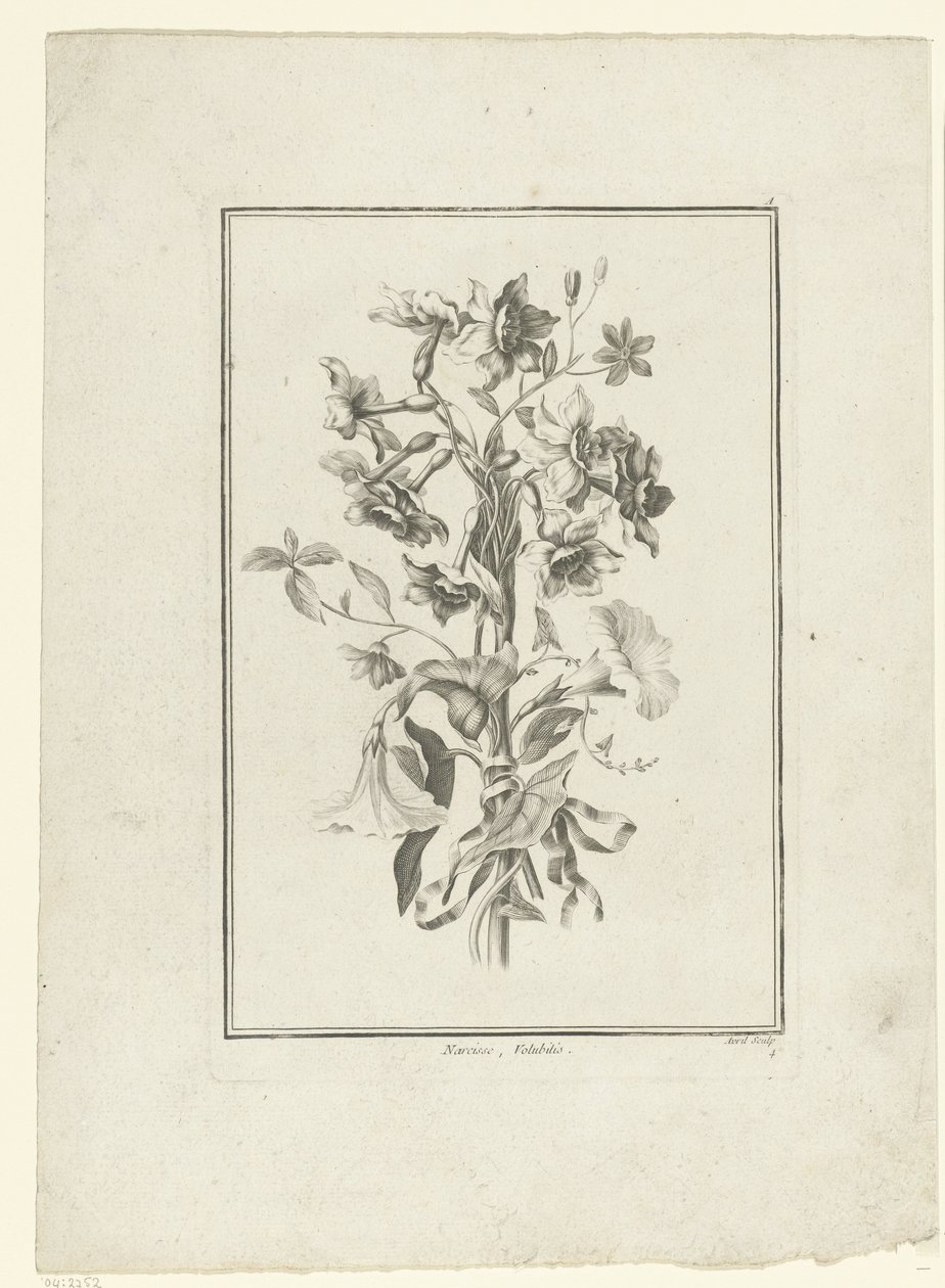 Csokor nárciszból és szálfűből Nárcisz, Volubilis (cím a tárgyon) IIe Cahier de Bouquets (sorozat címe) alkotó: Jean Jacques Avril (I)