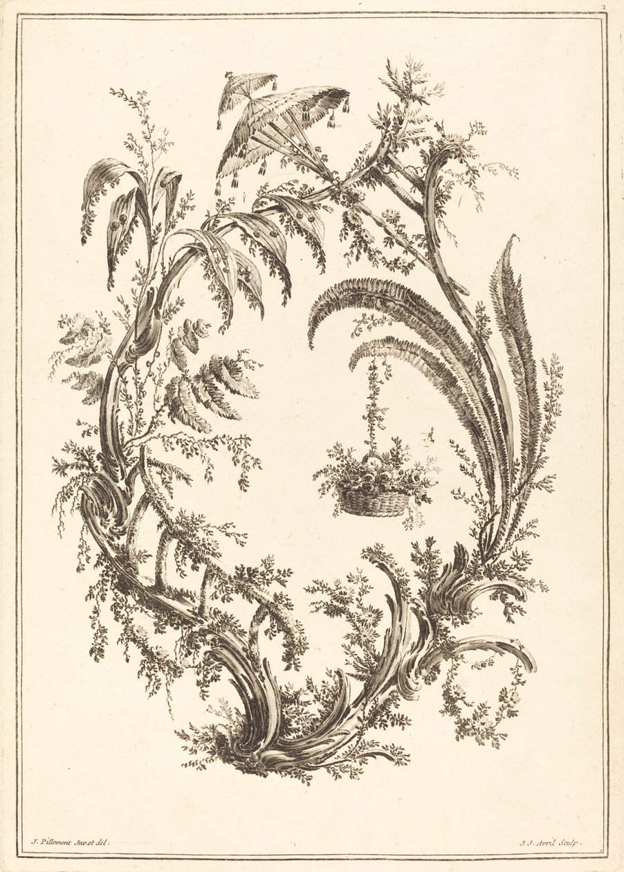 Dísz napernyővel és függő kosárral alkotó: Jean Jacques Avril I after Jean Baptiste Pillement