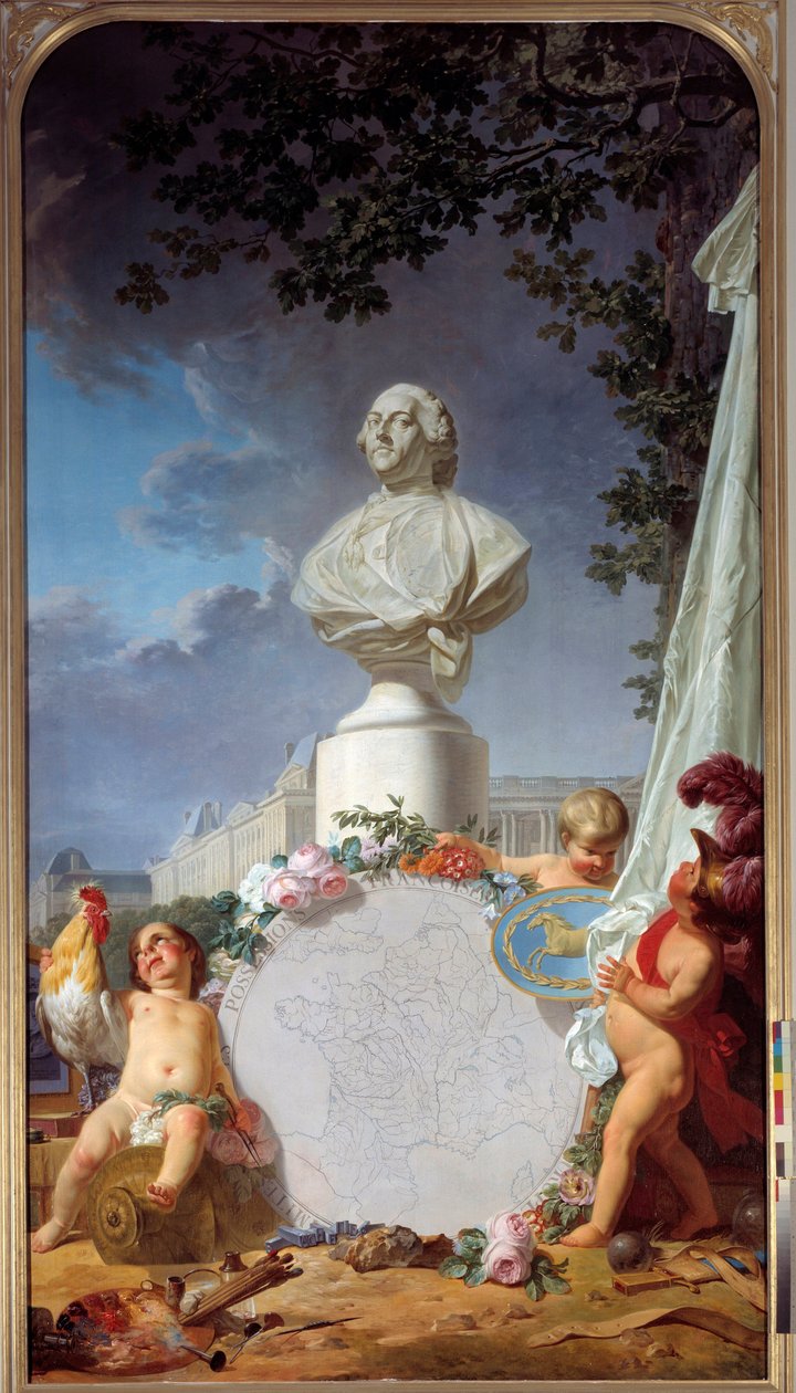 Tudományos Európa Franciaország dicsőségének allegorikus ábrázolása, XVI. Lajos (1754-1793) mellszobra uralja a francia birtokok térképét, a kakast, az angyalokat, valamint a művészetek és tudományok szimbólumait. Jean Jacques Bachelier (1724-1806) festmén alkotó: Jean Jacques Bachelier