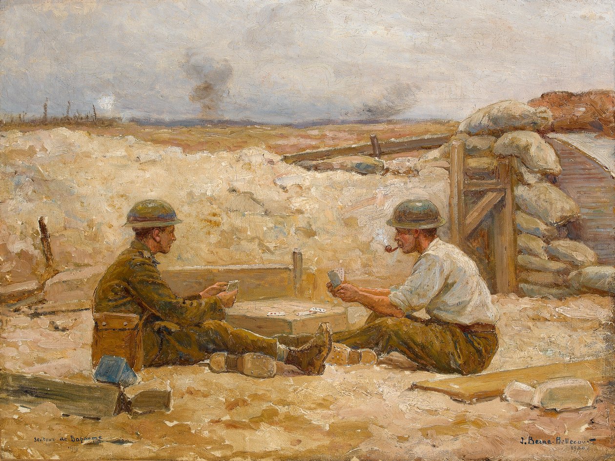 Két brit tiszt kártyázik a barlangjukon kívül, Secteur de Bapaume, 1918-20 alkotó: Jean Jacques Berne Bellecour