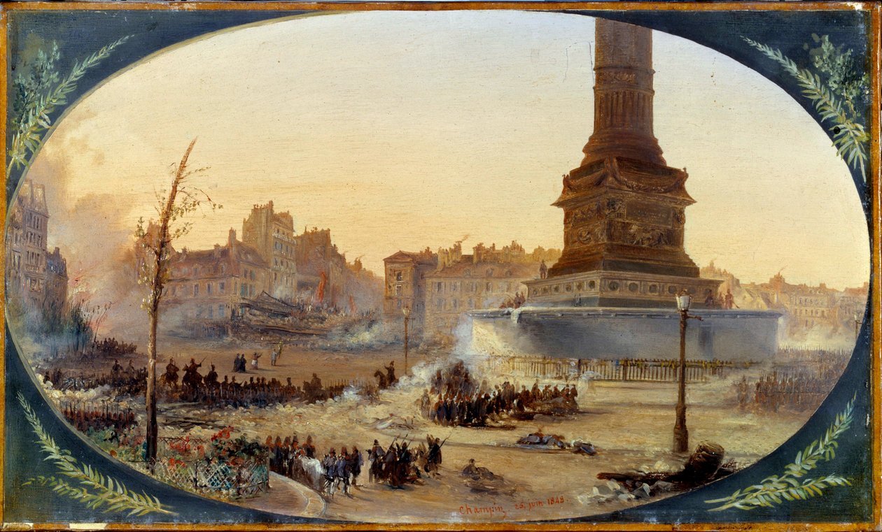 1848-as forradalom: "" A Place de la Bastille és a Faubourg Saint Antoine bejáratának barikádja, 1848. 06. 25. Jean Jacques Champin (1796-1860) festménye maroufle papírra 1848 V. 0,28 x 0,43 m Párizs, Musee Carnavalet alkotó: Jean Jacques Champin