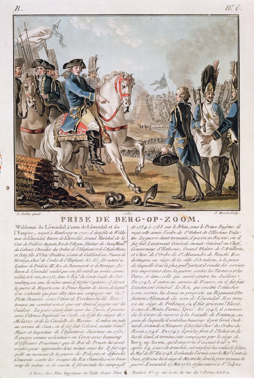 Berg-op-Zoom felvétele, Hollandia, 1747, vésette Jean Baptiste Morret (fl.1790-1820), 1787 alkotó: Jean Jacques Francois Le Barbier