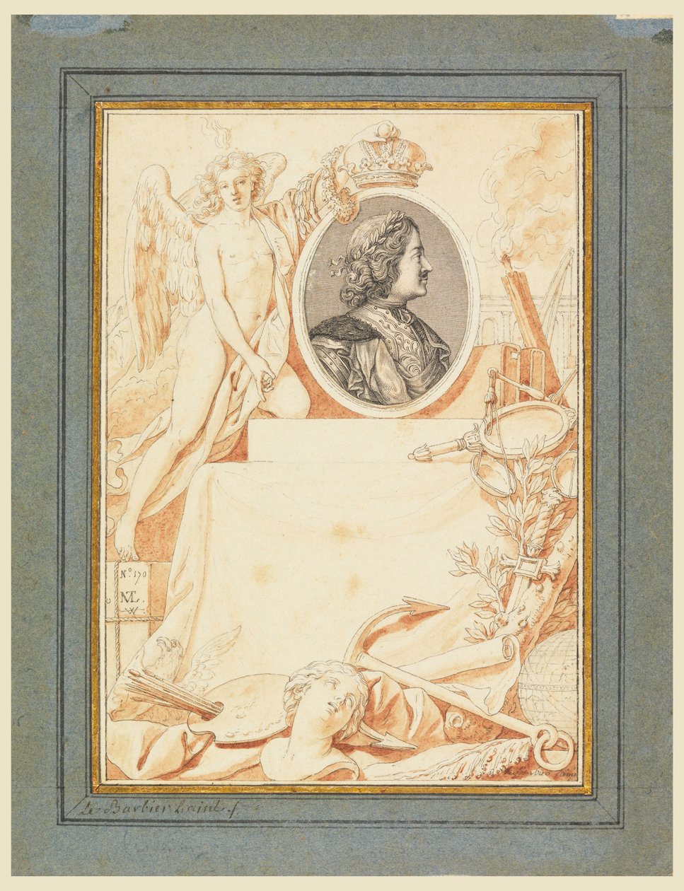 Rajz, Nagy Péter történetének címlapja, 1780 körül. alkotó: Jean Jacques Francois Le Barbier