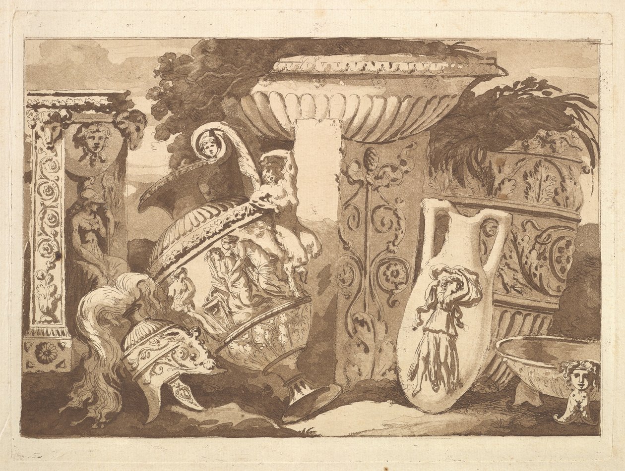 Kompozíció antik töredékekkel és egy dőlt vázával, a Recueil de Compositions..., 1782-84. alkotó: Jean Jacques Lagrenee